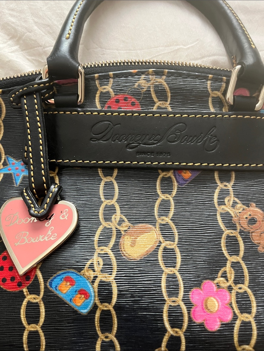 Dooney & Bourke Black Satchel with Colorful Charm Chain Print - Picture 2 of 7
